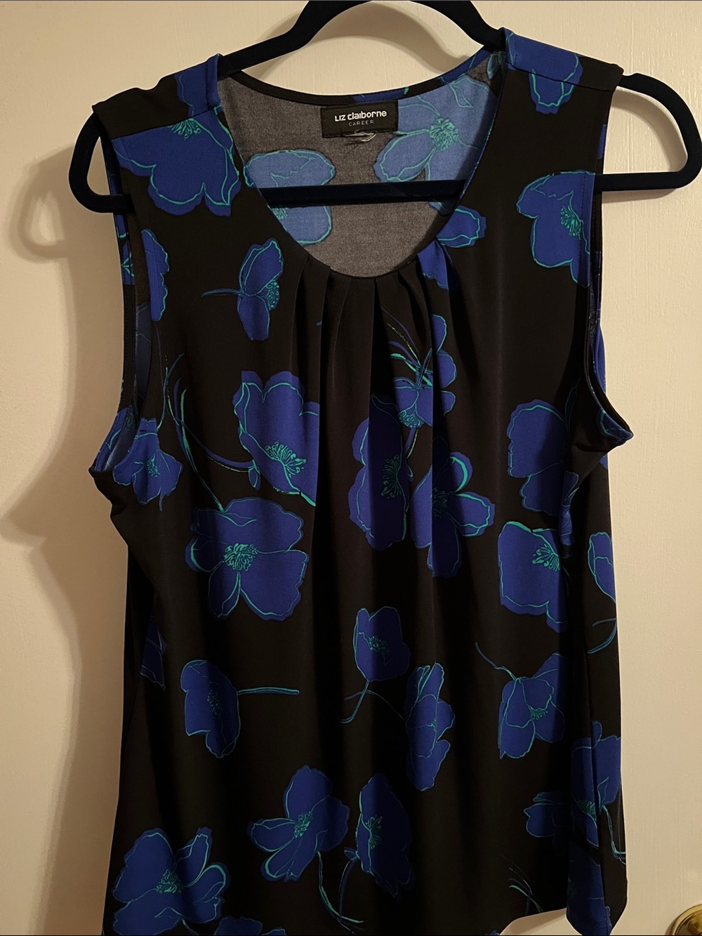 Liz Claiborne Black Tank Top with Blue Floral Print